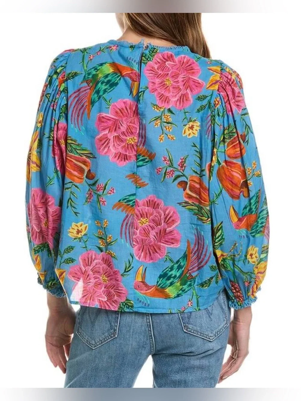 FARM Rio Blue Floral Lace-Trim Puff Sleeve Blouse
